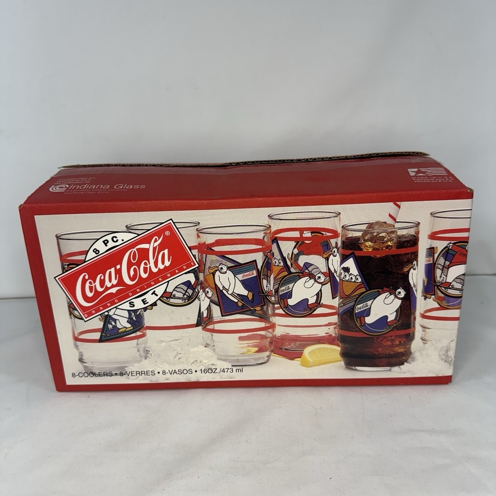 Coca-Cola 8 Pc Beverage Set Polar Bears Skating Indiana Glass 1995 Vintage‎